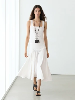 Spódnica Średniej Długości Ze 100% Bawełny Z Ozdobnym Stanem - Biały - - Massimo Dutti - Kobieta