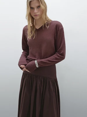 Spódnica Średniej Długości Ze 100% Bawełny Z Ozdobnym Stanem - Czekoladowy - - Massimo Dutti - Kobieta