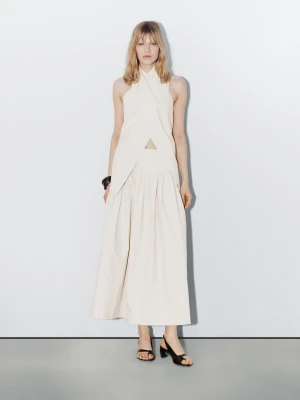 Spódnica Średniej Długości Ze 100% Lnu Z Ozdobną Talią − Studio - Surowy - - Massimo Dutti - Kobieta