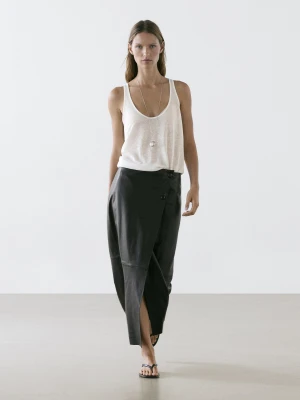 Spódnica Średniej Długości Ze Skóry Nappa Z Przeszyciami - Czarny - - Massimo Dutti - Kobieta