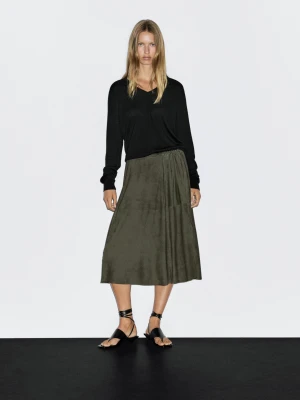 Spódnica Z Zamszowej Skóry Z Marszczeniem - Khaki - - Massimo Dutti - Kobieta