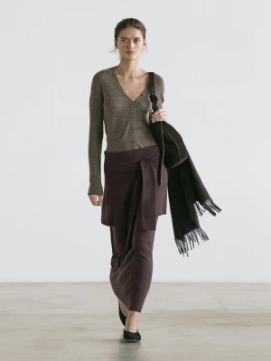 Knitted Skirt With Knotted Sleeves Detail - Czekoladowy - - Massimo Dutti - Kobieta