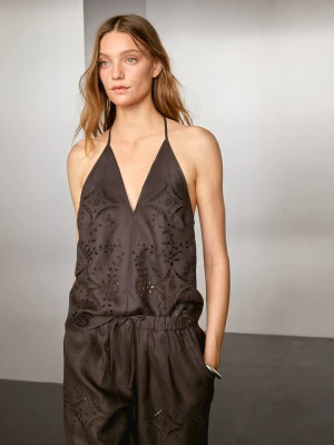 Spodnie Balloon Fit Z Haftem Z Mieszanki Lnu - Czekoladowy - - Massimo Dutti - Kobieta