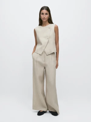 Spodnie Capri Z Lnu Z Zakładkami - Popielaty - - Massimo Dutti - Kobieta