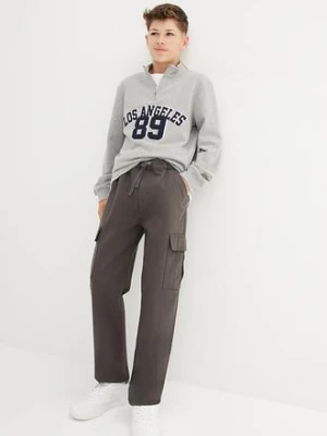 Spodnie cargo o kroju loose fit, z gumką w pasie i prostymi nogawkami, uszyte z czystej bawełny bonprix