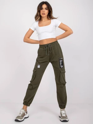 Spodnie dresowe khaki casual sportowy cargo naszywki kieszenie Rue paris