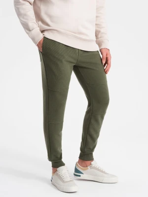 Spodnie dresowe męskie z tkaniny ottoman - ciemnooliwkowe V3 - Rozmiar: L Ombre Clothing