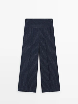 Spodnie Dzwony W Paski Z Lnu - Granatowy - - Massimo Dutti - Kobieta