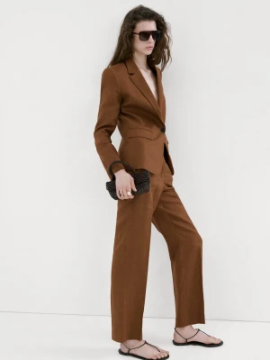 Spodnie garniturowe lniane brązowy - Kobieta - - MANGO