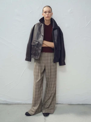 Spodnie garniturowe wide leg w kratę brązowy - Kobieta - - MANGO