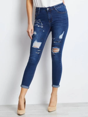 Spodnie jeans jeansowe ciemny niebieski casual rurki dziury Merg selection