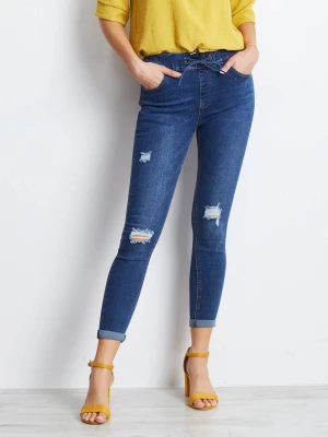 Spodnie jeans jeansowe ciemny niebieski casual rurki dziury Merg selection