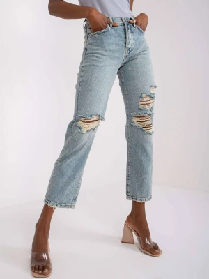 Spodnie jeans jeansowe jasny niebieski straight leg dziury guziki Rue paris