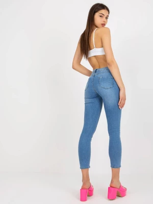 Spodnie jeans jeansowe niebieski casual rurki nogawka zwężana push-up print (nadruk) suwak guziki Merg selection