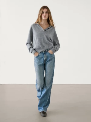 Spodnie Jeansowe Full Length Wide Leg Z Wysokim Stanem - Średni Niebieski - - Massimo Dutti - Kobieta