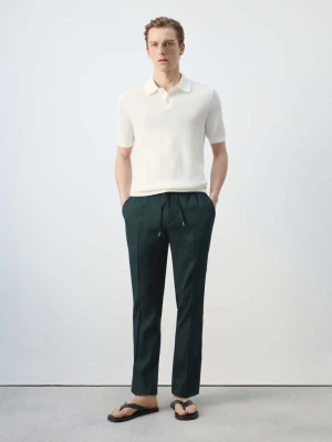 Spodnie lniane slim fit z troczkami ciemnozielony - Mężczyzna - - MANGO MAN