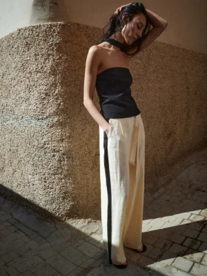 Spodnie lniane w kontrastowe paski kremowy / écru - Kobieta - - MANGO