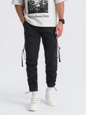 Spodnie męskie cargo STRAIGHT LEG z paskami na kieszeniach – czarne V4 Ombre Clothing