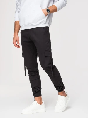 Spodnie męskie cargo z prosta nogawką ze ściągaczem na dole – czarne V4 Ombre Clothing
