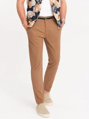 Spodnie męskie chino z ozdobną taśmą w pasie SLIM FIT – brązowe V4 - Rozmiar: S Ombre Clothing