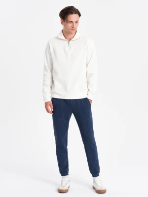 Spodnie męskie dresowe CARROT ze strukturalnej dzianiny - ciemnoniebieskie V5 - Rozmiar: S Ombre Clothing