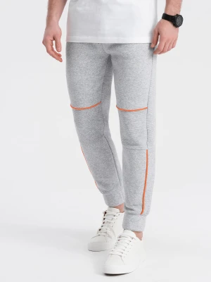 Spodnie męskie dresowe z kontrastowymi przeszyciami - szary melanż V3 - Rozmiar: XL Ombre Clothing