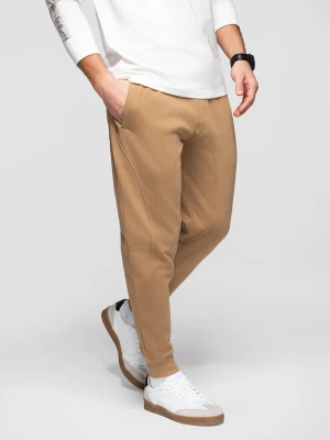Spodnie męskie dresowe ze ściągaczem przy nogawce BASIC jogger - brązowe V2 - Rozmiar: L Ombre Clothing