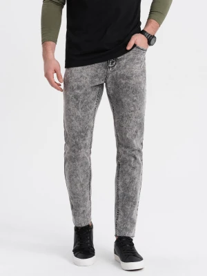 Spodnie męskie jeansowe marmurkowe z surowo wykończoną nogawką SLIM FIT - szare V1 - Rozmiar: M Ombre Clothing