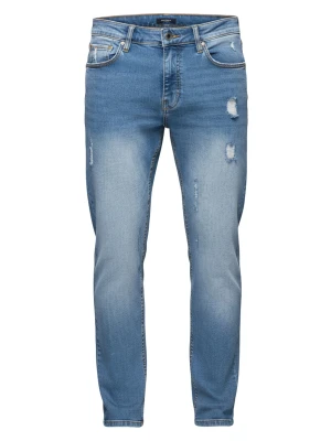 Spodnie męskie jeansowe REGULAR FIT z przetarciami - jasnoniebieskie V1 - Rozmiar: S Ombre Clothing