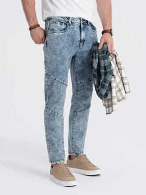 Spodnie męskie jeansowe slim fit z przeszyciem na kolanach - niebieskie V1 Ombre Clothing