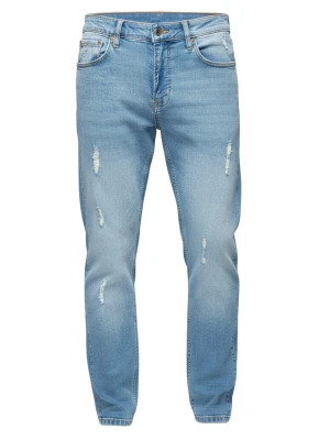 Spodnie męskie jeansowe SLIM FIT z przetarciami - jasnoniebieskie V1 - Rozmiar: L Ombre Clothing