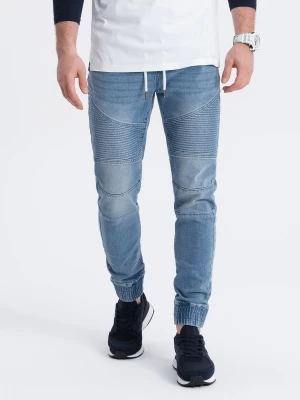 Spodnie męskie joggery jeansowe z przeszyciami - niebieskie V2 Ombre Clothing