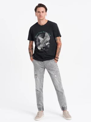 Spodnie męskie JOGGERY jeansowe z przetarciami - jasnoszare V4 OM-PADJ-0150
 -                                    L