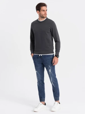 Spodnie męskie JOGGERY jeansowe z przetarciami - niebieskie V3 Ombre Clothing