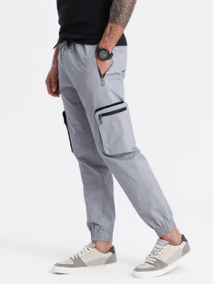 Spodnie męskie JOGGERY z odstającymi i zapinanymi kieszeniami cargo - jasnoszare V8 - Rozmiar: XXL Ombre Clothing