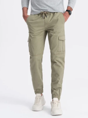 Spodnie męskie JOGGERY z zapinanymi kieszeniami cargo - khaki V1 - Rozmiar: XXL Ombre Clothing