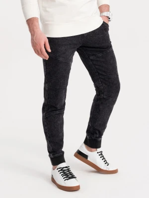 Spodnie męskie marmurkowe JOGGERY z przeszyciami - czarne V4 - Rozmiar: L Ombre Clothing
