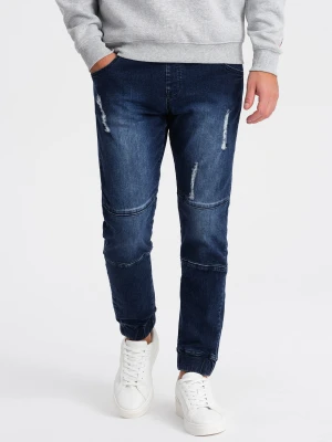 Spodnie męskie marmurkowe JOGGERY z przetarciami - ciemnoniebieskie V1 - Rozmiar: M Ombre Clothing