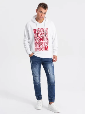 Spodnie męskie marmurkowe JOGGERY z przetarciami - niebieskie V4 - Rozmiar: L Ombre Clothing