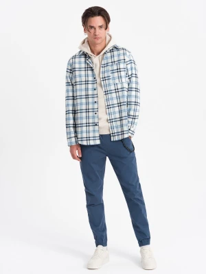 Spodnie męskie materiałowe JOGGERY z ozdobnym sznurkiem - niebieskie V10 Ombre Clothing