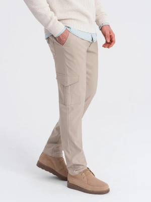 Spodnie męskie materiałowe REGULAR z kieszeniami cargo - beżowe V3 - Rozmiar: XL Ombre Clothing