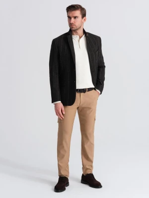 Spodnie męskie materiałowe REGULAR z kieszeniami cargo - jasnobrązowe V4 - Rozmiar: M Ombre Clothing