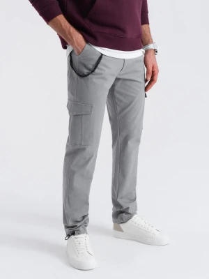 Spodnie męskie z kieszeniami cargo i ściągaczem na dole nogawki - szare V4 Ombre Clothing
