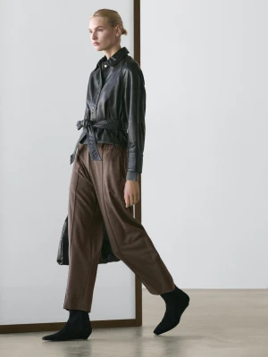 Spodnie O Kroju Barrel Fit Z Mieszanki Wełny - Szarobrązowy - - Massimo Dutti - Kobieta