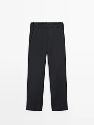 Spodnie O Prostym Kroju Z Lnem - Granatowy - - Massimo Dutti - Kobieta