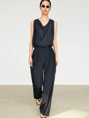 Spodnie Od Garnituru Z Lnu Melanżowego - Granatowy - Massimo Dutti - Female