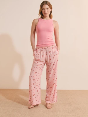 Spodnie od piżamy 7 / 8 w pomidorowy wzór, z kokardkami po bokach Etam rose pale
