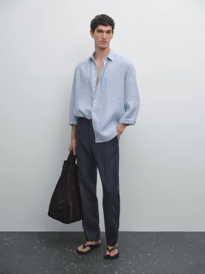 Spodnie Regular Fit Ze 100% Lnu - Granatowy - - Massimo Dutti - Mężczyzna