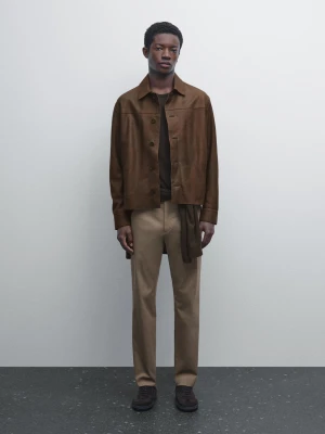Slim Fit Cotton Blend Trousers - Khaki - - Massimo Dutti - Mężczyzna