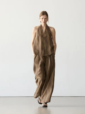 Spodnie Szerokie W Paski Z Lnem - Khaki - - Massimo Dutti - Kobieta